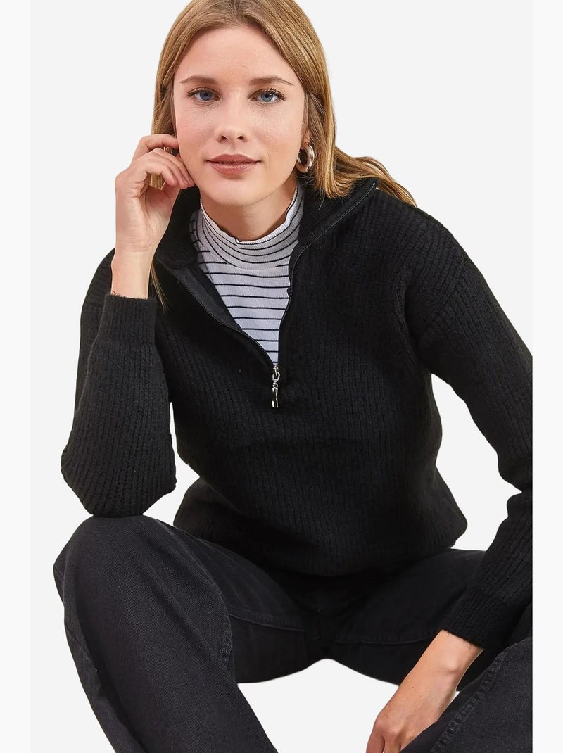Pull oversize en maille à col roulé zippé lucci Noir - Kiabi
