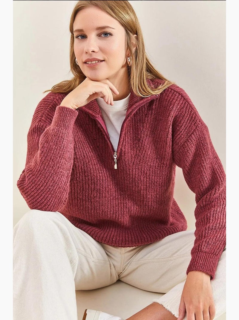 Pull oversize en maille à col roulé zippé lucci Vieux rose - Kiabi