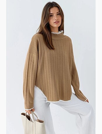 Pull oversize en maille côtelée à col roulé mi-long my fashion