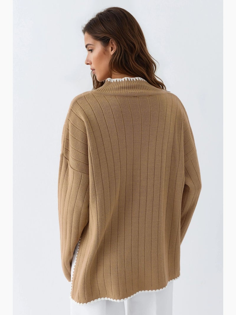 Pull oversize en maille côtelée à col roulé mi-long my fashion Camel - Kiabi