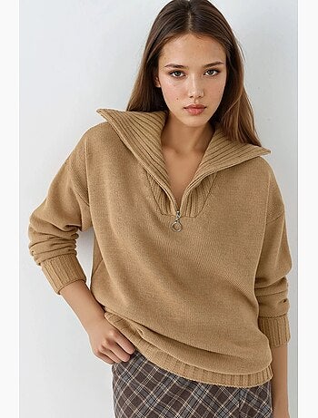 Pull oversize en maille côtelée avec col zippé my fashion