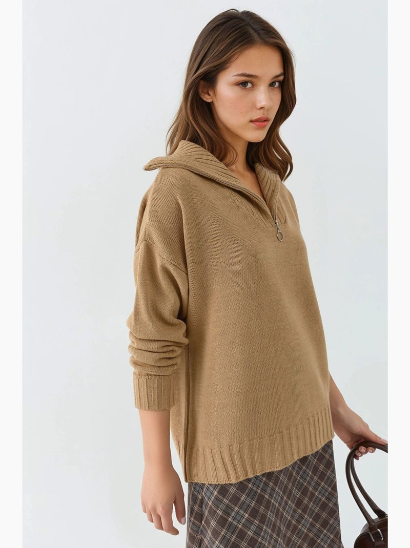 Pull oversize en maille côtelée avec col zippé my fashion Camel - Kiabi