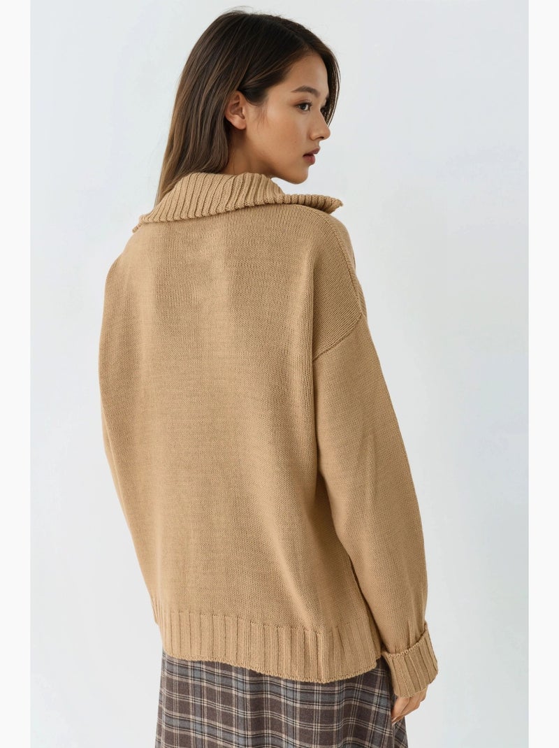 Pull oversize en maille côtelée avec col zippé my fashion Camel - Kiabi