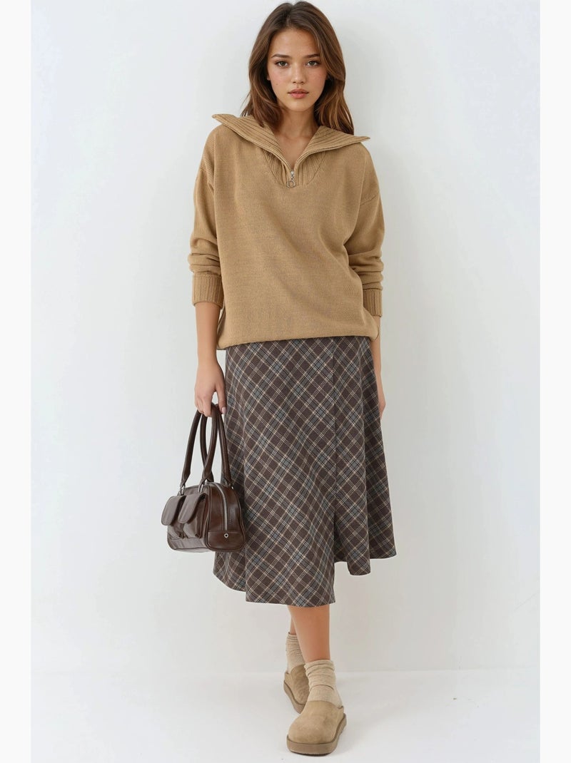 Pull oversize en maille côtelée avec col zippé my fashion Camel - Kiabi