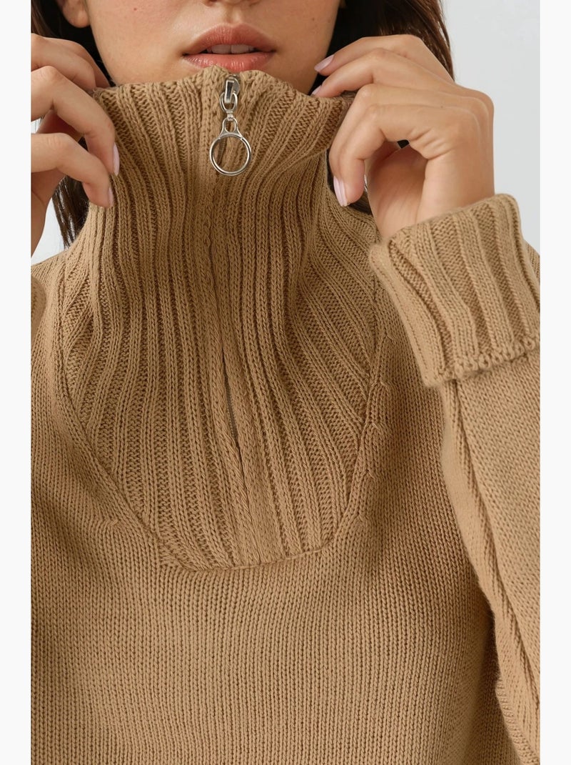 Pull oversize en maille côtelée avec col zippé my fashion Camel - Kiabi