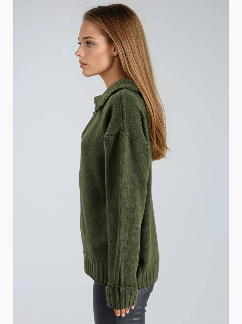 Pull oversize en maille côtelée avec col zippé my fashion Kaki - Kiabi