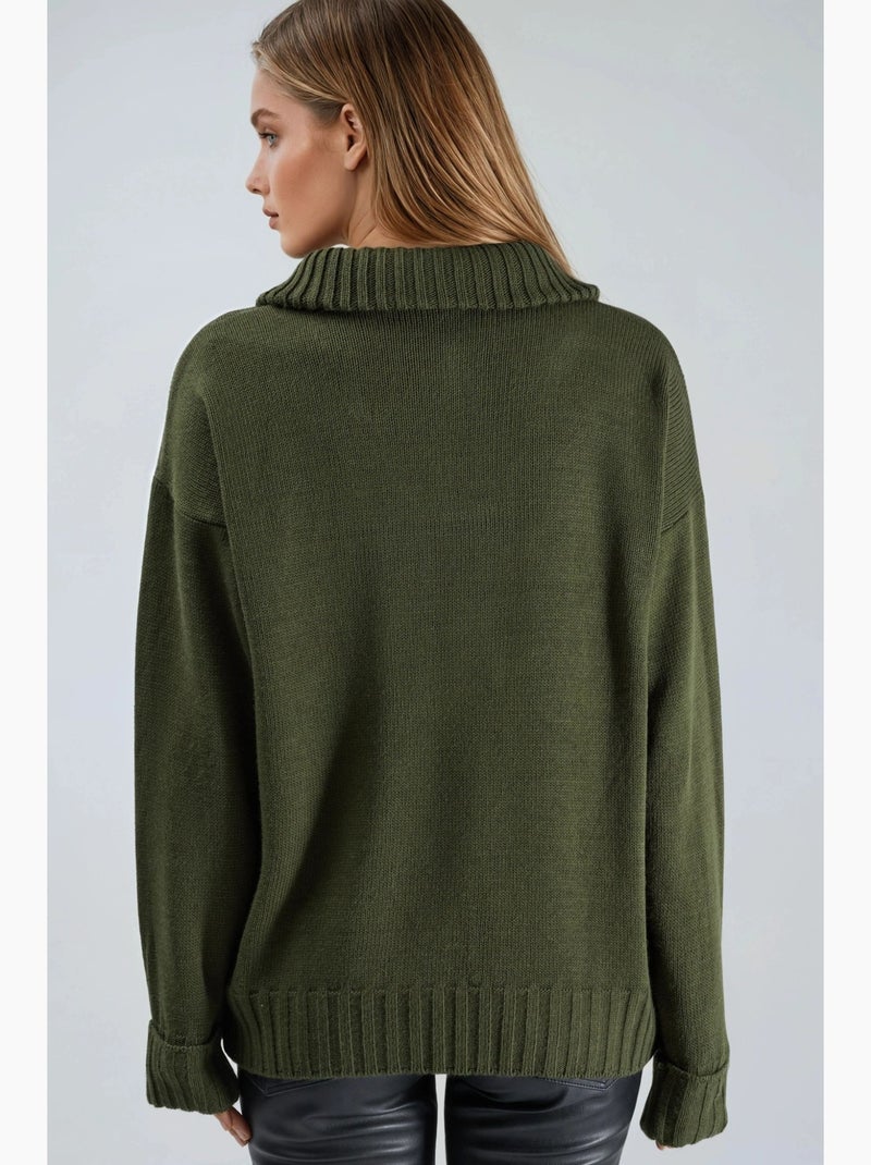 Pull oversize en maille côtelée avec col zippé my fashion Kaki - Kiabi