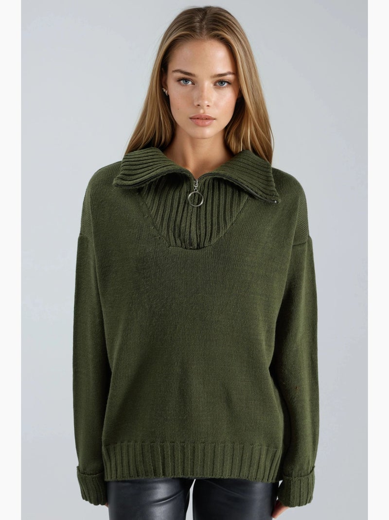 Pull oversize en maille côtelée avec col zippé my fashion Kaki - Kiabi