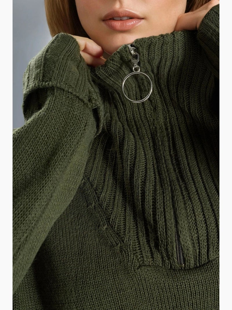 Pull oversize en maille côtelée avec col zippé my fashion Kaki - Kiabi