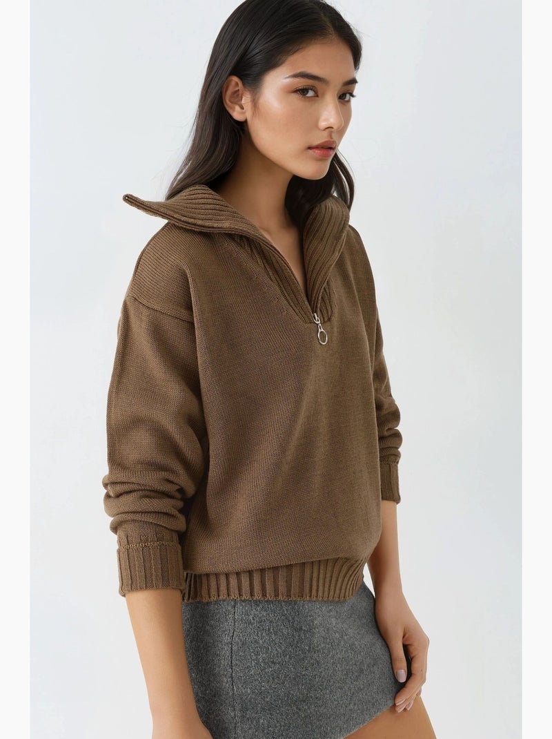 Pull oversize en maille côtelée avec col zippé my fashion Marron chocolat - Kiabi