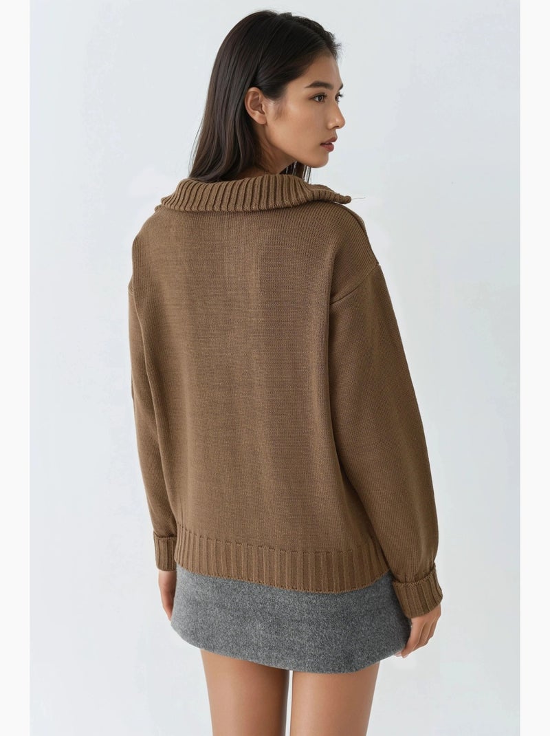 Pull oversize en maille côtelée avec col zippé my fashion Marron chocolat - Kiabi