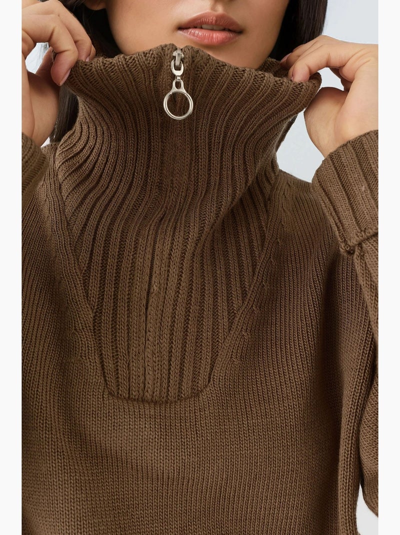Pull oversize en maille côtelée avec col zippé my fashion Marron chocolat - Kiabi