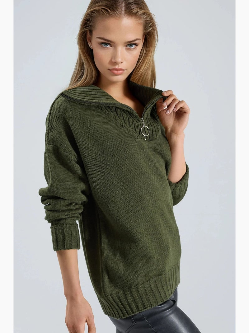 Pull oversize en maille côtelée avec col zippé my fashion Vert kaki - Kiabi