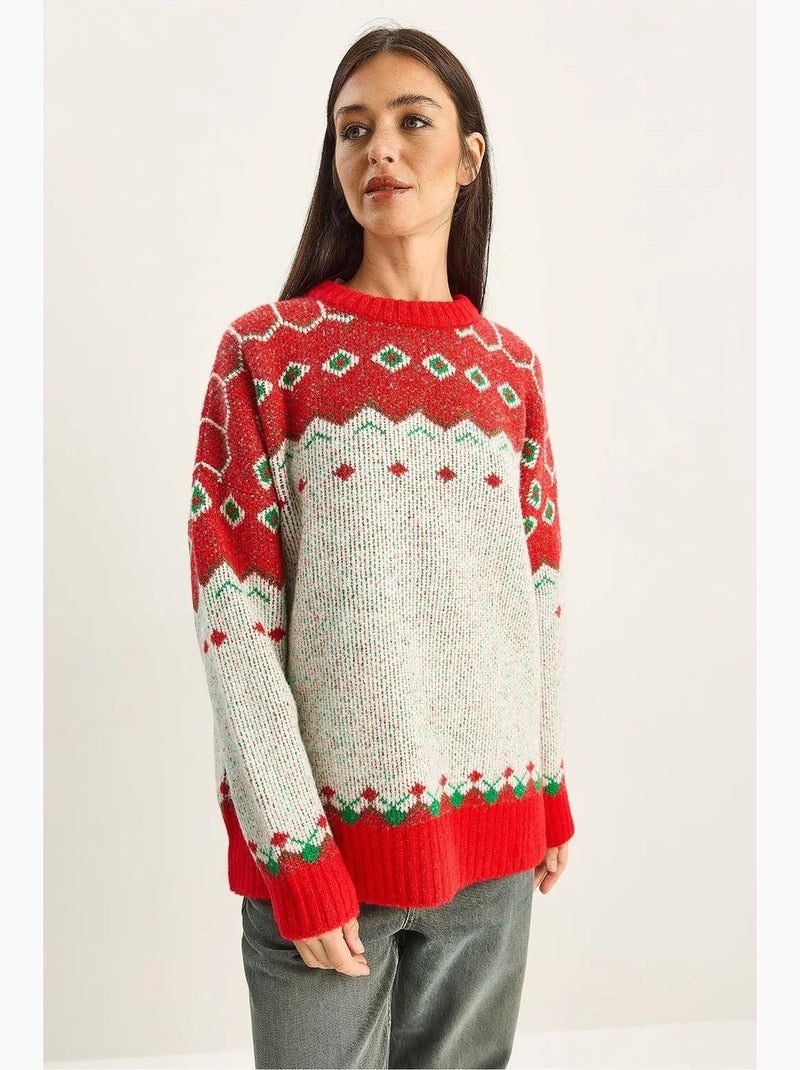 Pull oversize géométrique en maille lucci Ivoire - Kiabi