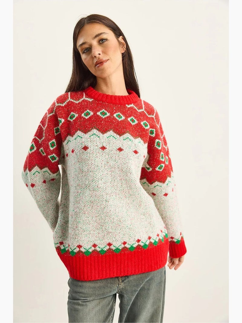 Pull oversize géométrique en maille lucci Ivoire - Kiabi