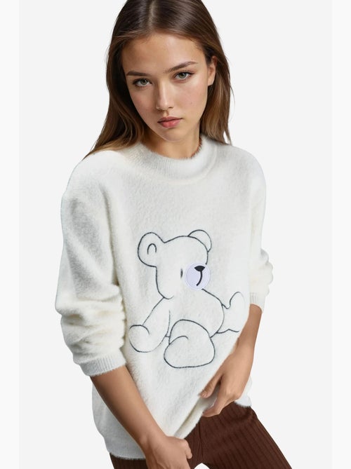 Pull oversize long à col rond brodé my fashion - Kiabi