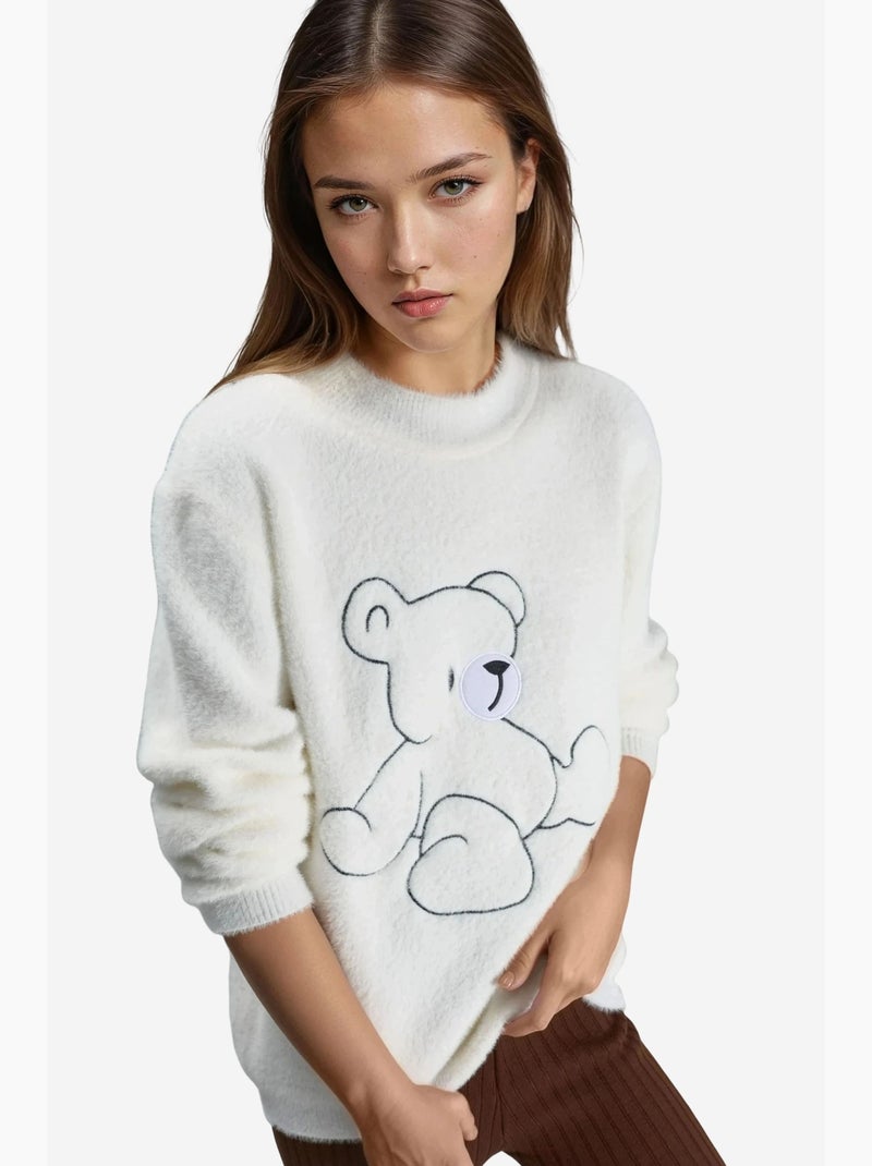 Pull oversize long à col rond brodé my fashion Blanc - Kiabi