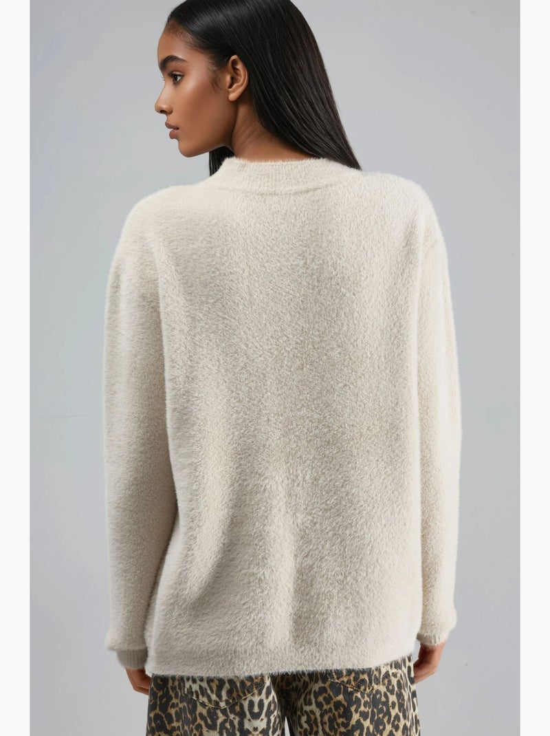 Pull oversize long à col rond brodé my fashion Sable - Kiabi