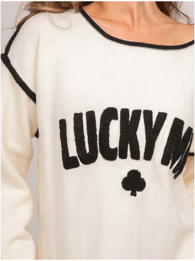 Pull oversize message brodé "lucky me" kevisse Blanc - Kiabi