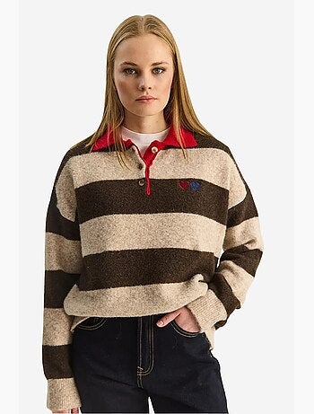 Pull oversize rayé à col polo et broderie lucci