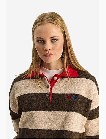 Pull oversize rayé à col polo et broderie lucci
