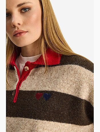 Pull oversize rayé à col polo et broderie lucci