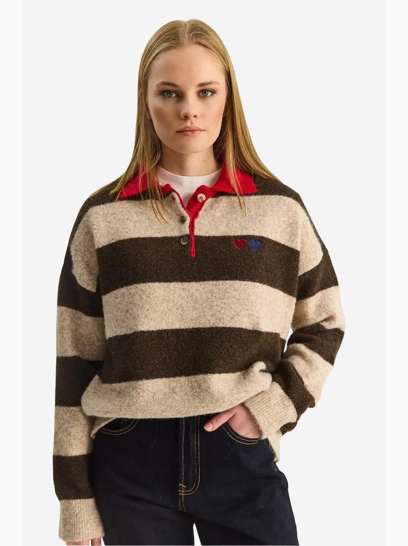 Pull oversize rayé à col polo et broderie lucci Marron - Kiabi