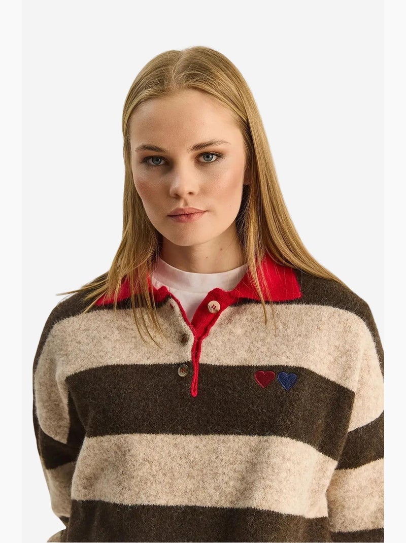Pull oversize rayé à col polo et broderie lucci Marron - Kiabi