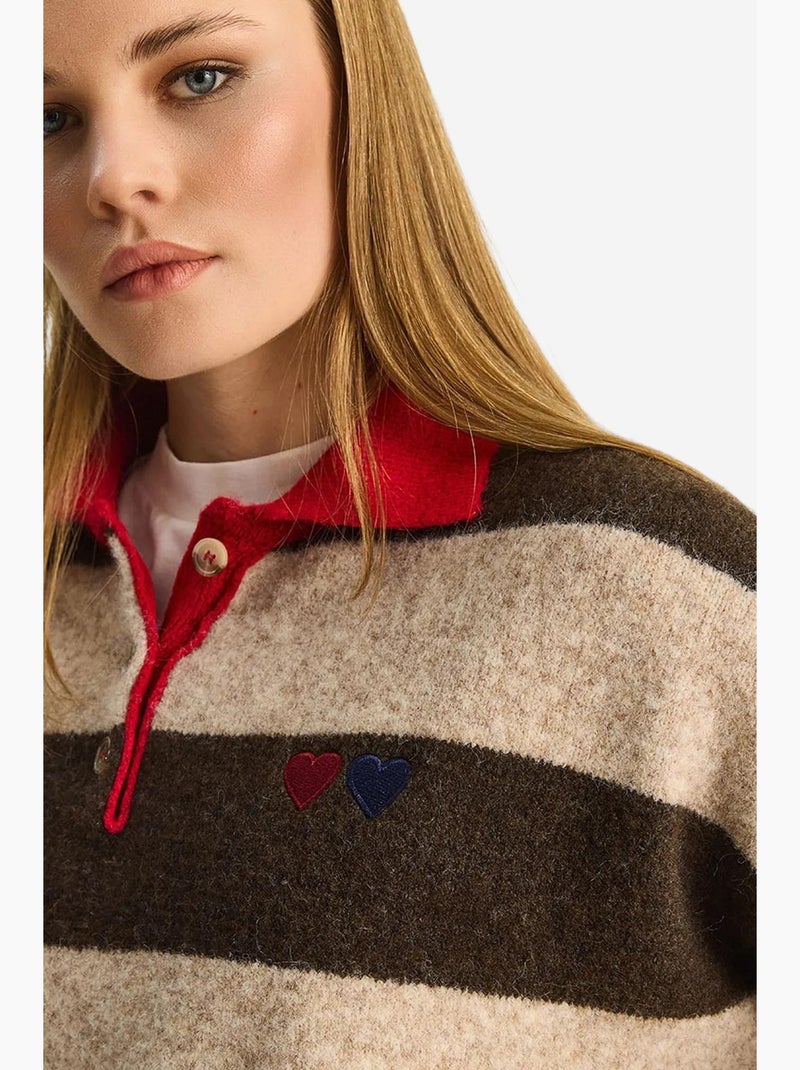 Pull oversize rayé à col polo et broderie lucci Marron - Kiabi