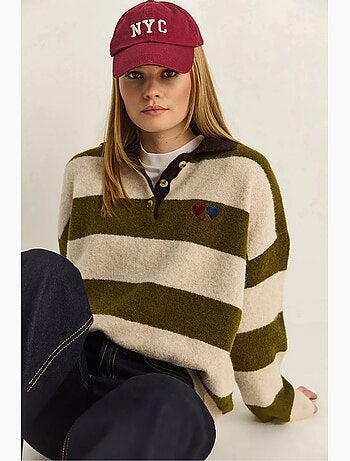 Pull oversize rayé à col polo et broderie lucci