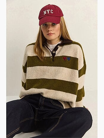 Pull oversize rayé à col polo et broderie lucci