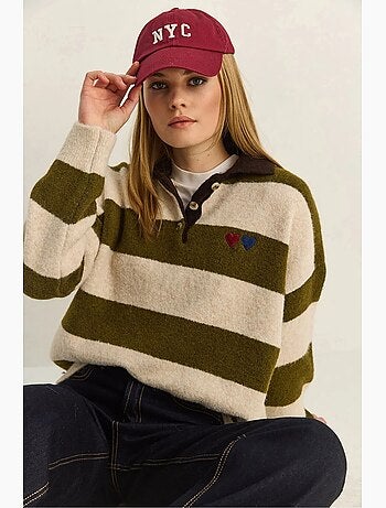 Pull oversize rayé à col polo et broderie lucci