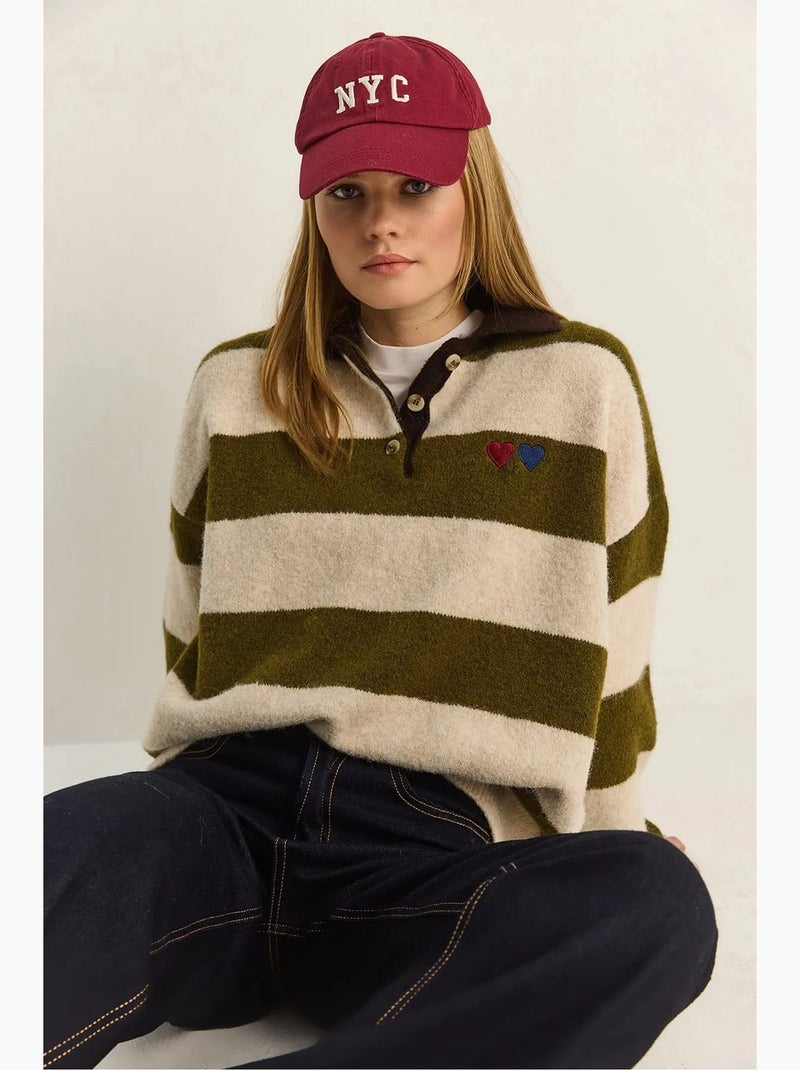 Pull oversize rayé à col polo et broderie lucci Vert olive - Kiabi