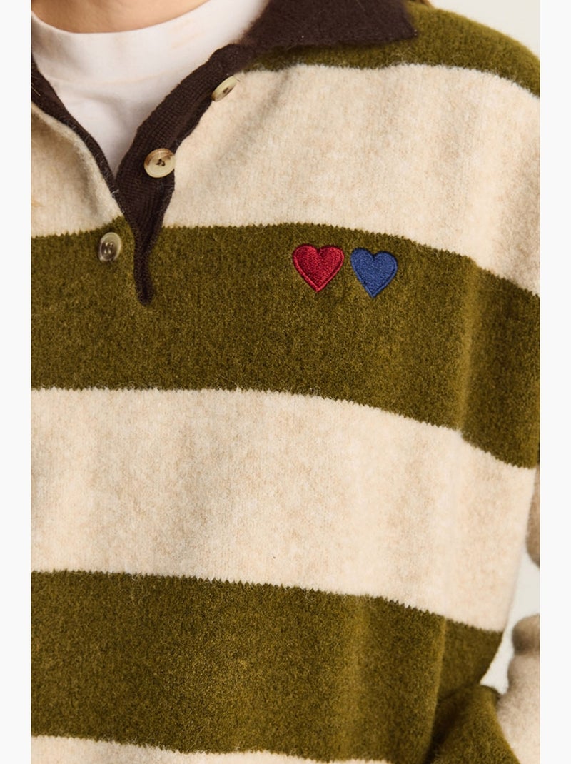 Pull oversize rayé à col polo et broderie lucci Vert olive - Kiabi
