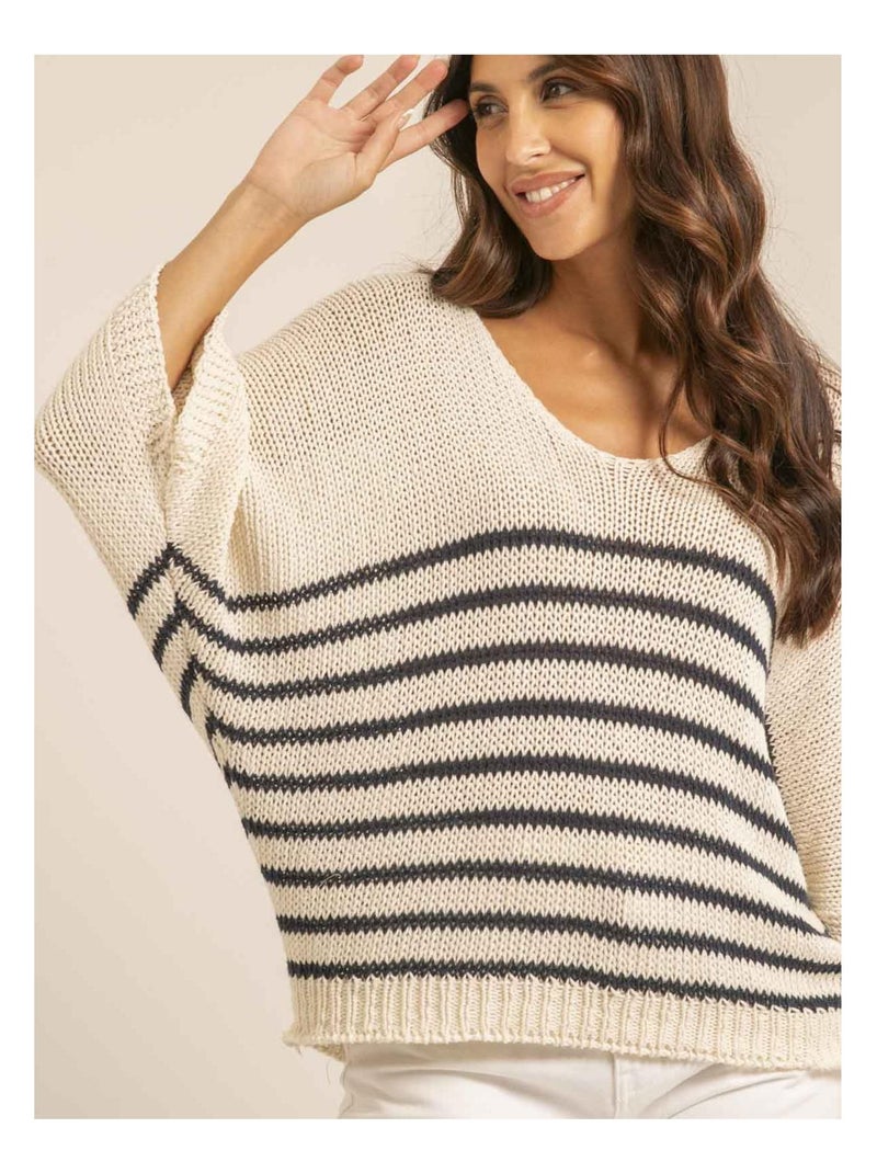 Pull oversize rayures KADELIA Ecru - Kiabi