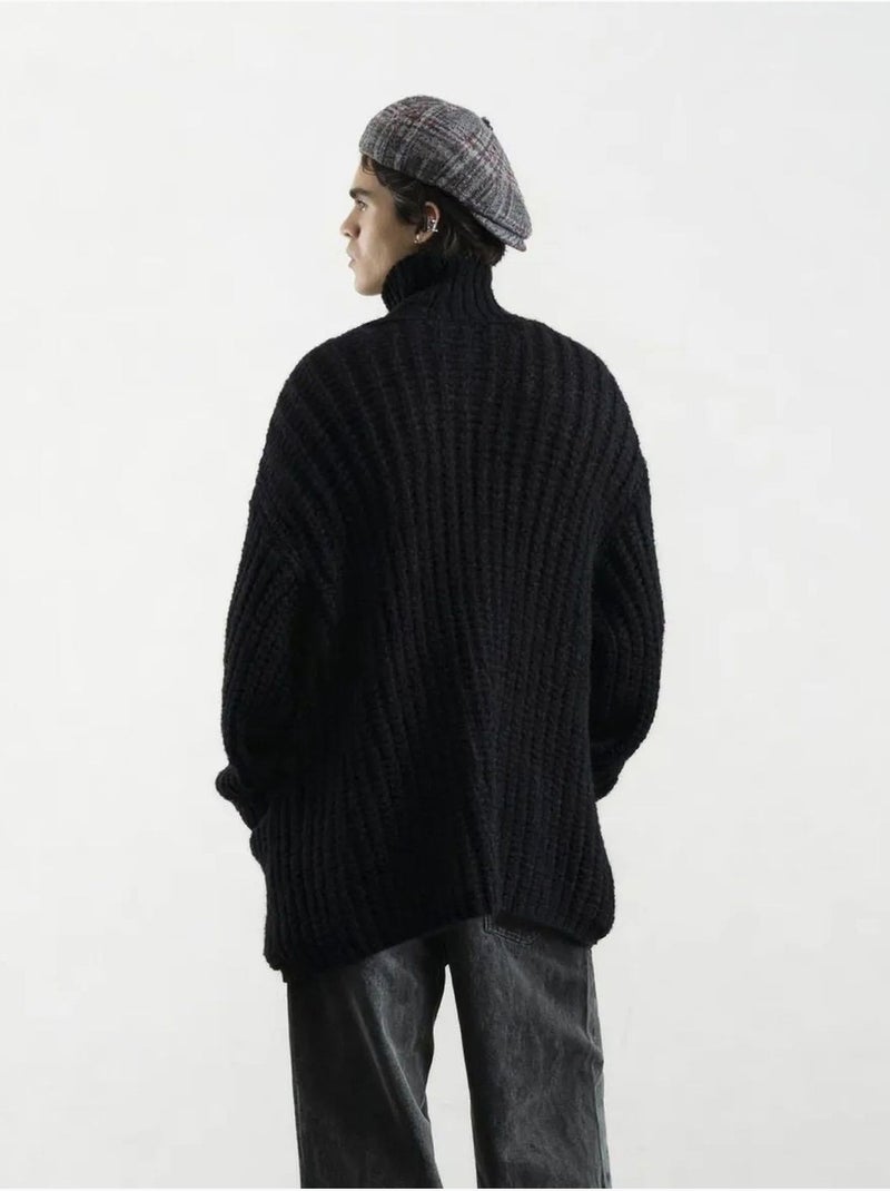 Pull oversize texturé à col roulé avec fermeture boutonnée giesto Noir - Kiabi