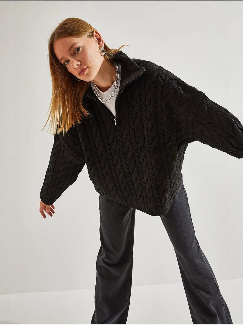 Pull oversize texturé à col zippé lucci Noir - Kiabi