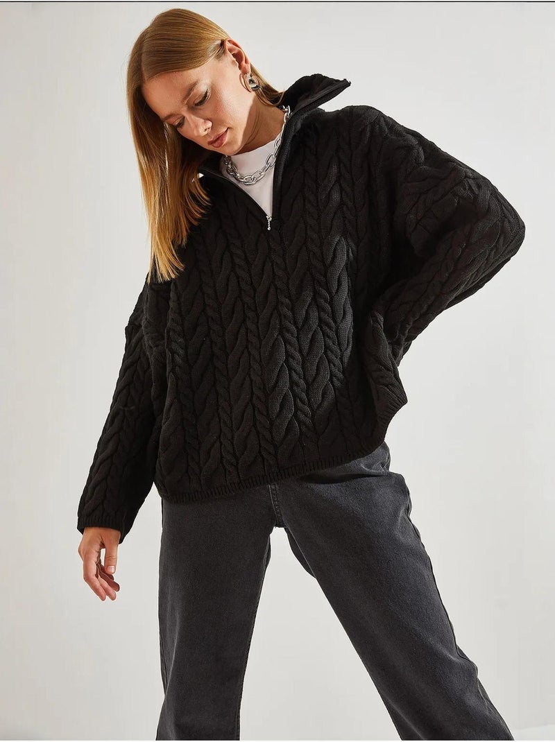 Pull oversize texturé à col zippé lucci Noir - Kiabi