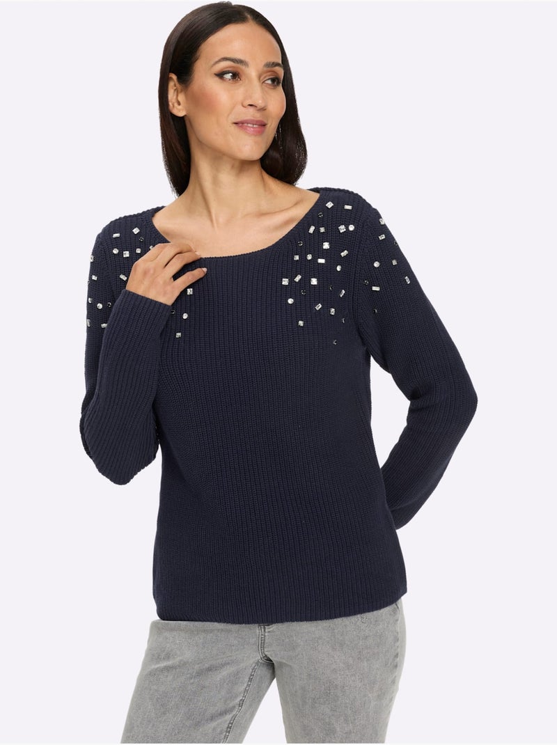 Pull pierres brillantes fantaisie devant - taille standard - helline Bleu marine - Kiabi