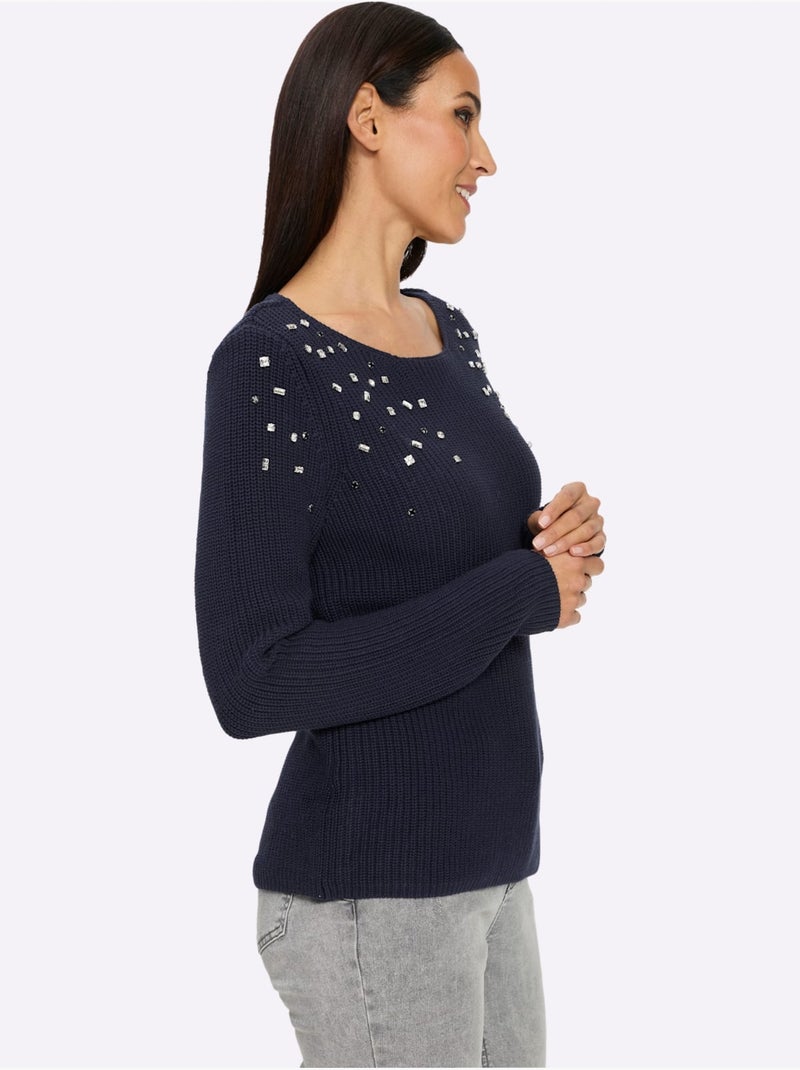 Pull pierres brillantes fantaisie devant - taille standard - helline Bleu marine - Kiabi