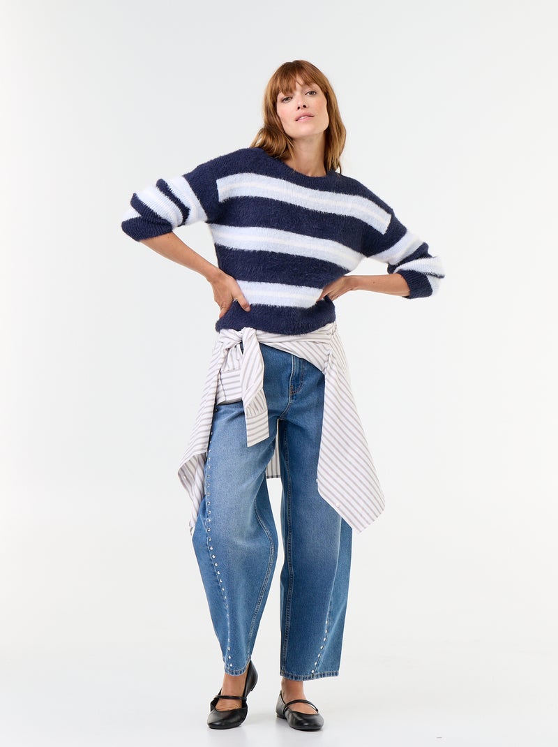 Pull poilu rayé à col rond Bleu - Kiabi
