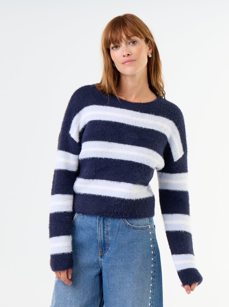 Pull poilu rayé à col rond Bleu - Kiabi