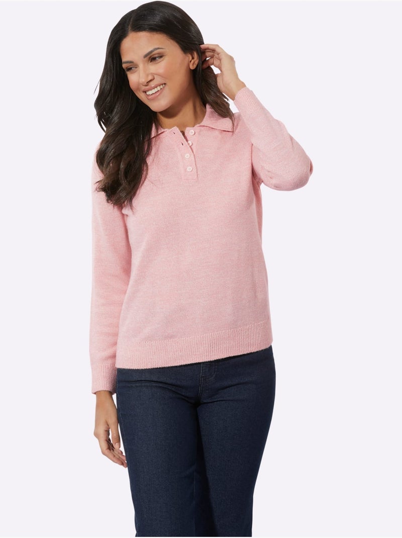 Pull polo avec petite patte de boutonnage et manches longues - Taille standard - Moda Vilona Rose - Kiabi