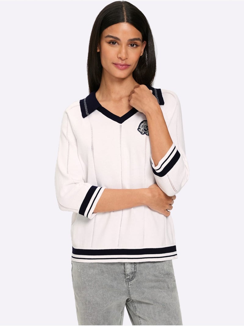 Pull Polo Col Polo Avec Encolure En V - Taille Standard - Helline Bleu Ecru - Kiabi