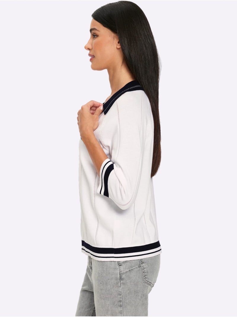 Pull Polo Col Polo Avec Encolure En V - Taille Standard - Helline Bleu Ecru - Kiabi