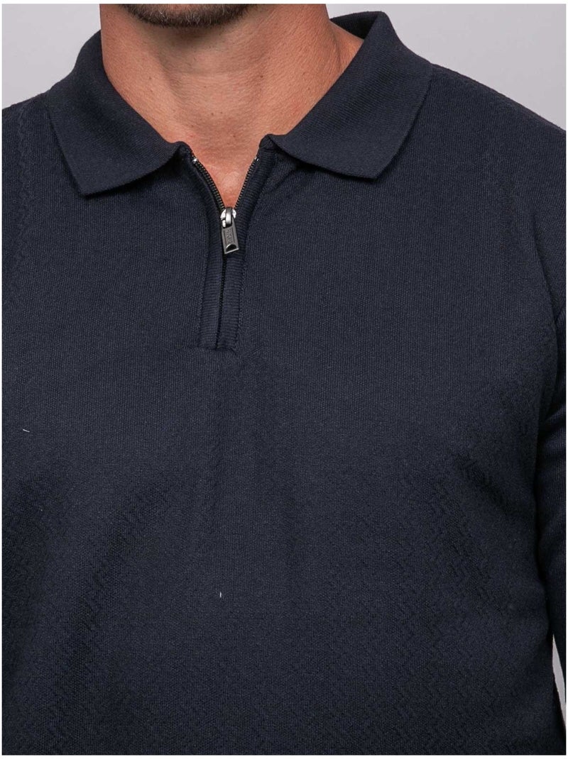 Pull polo manches longues col zippé linetox Bleu marine - Kiabi