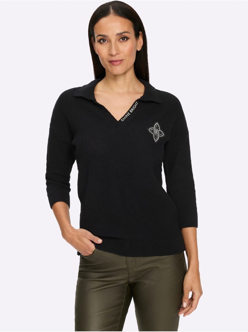 Pull Polo Pur Coton - Taille Standard - Helline Noir - Kiabi