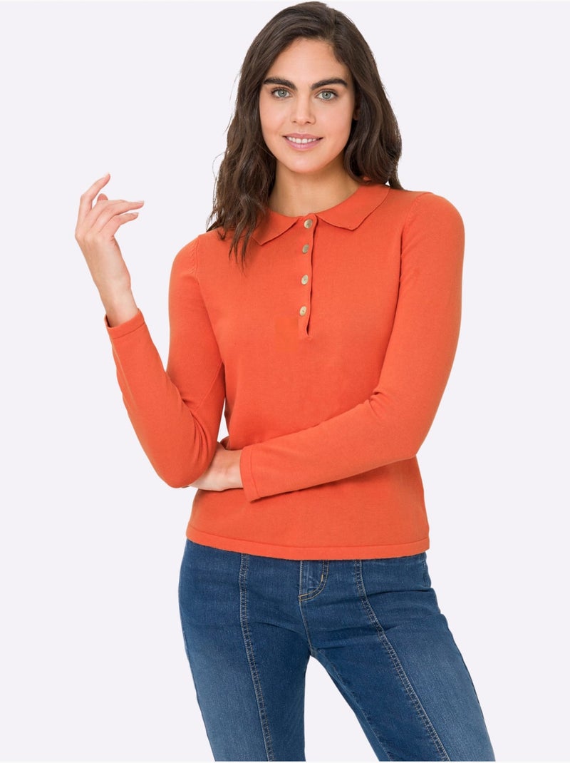 Pull Polo Style Polo Classique Avec Patte De Boutonnage Et Boutons - Taille Standard - Helline Orange - Kiabi