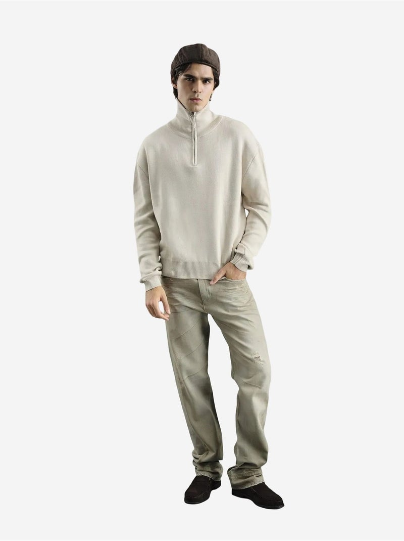 Pull pour homme en maille côtelée avec col zippé giesto Beige argile - Kiabi
