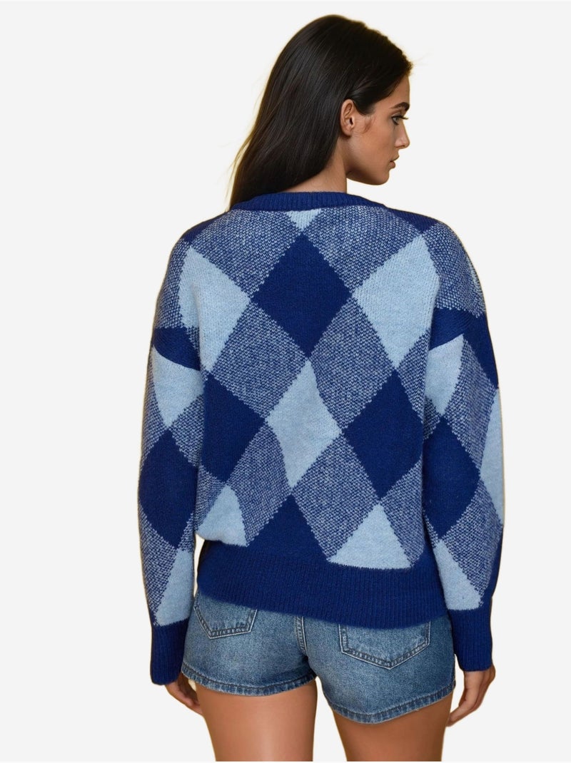Pull ras du cou à motifs diamants Bleu clair - Kiabi
